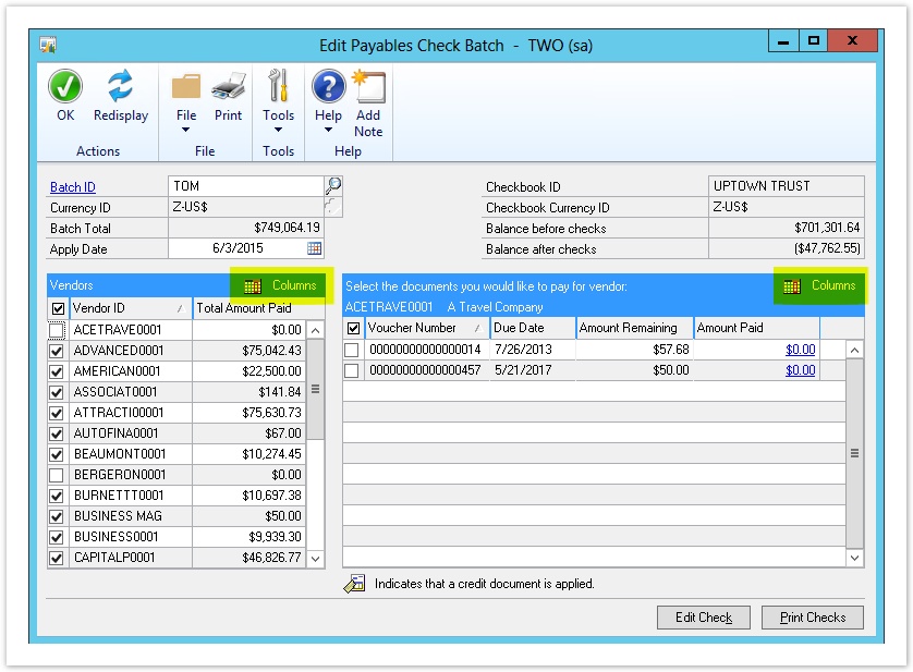 Edit Payables Check Batch window. Click to enlarge.
